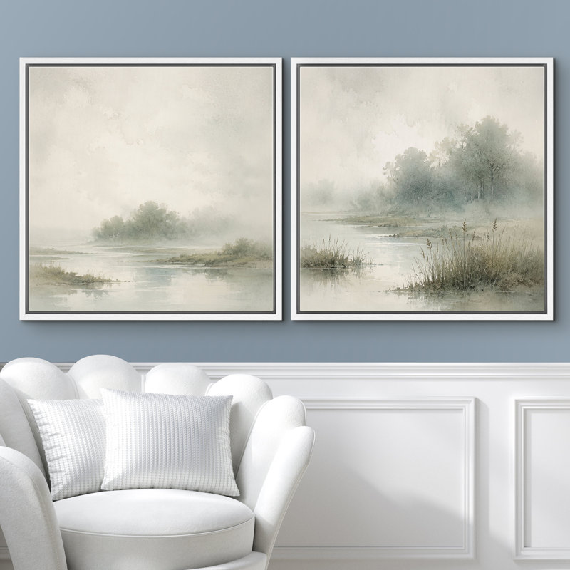 «Foggy Marsh Lake Landscape», ensemble de 2 reproductions d'art sur toile encadrées, H 16 po x l 16 po x P 1,5 po