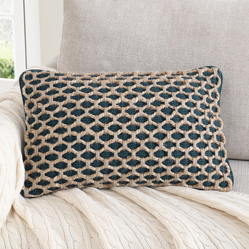 Indigo and Natural Jute Woven Rectangular Throw Pillow