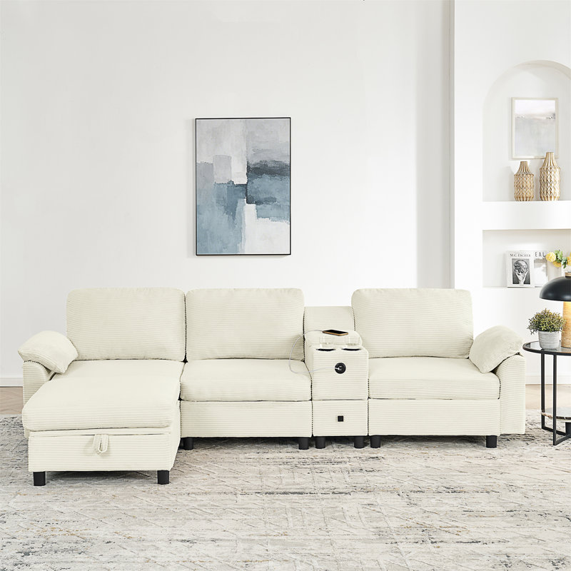Canapé modulaire moderne en L avec rangement tout-en-un, Mousse beige