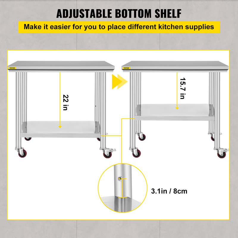 Stainless Steel Work Table 35 x 24 x 33 Inch, 700 LBS Load Capacity with 4 Wheels, 3 Adjustable Height Levels