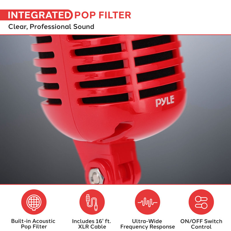 Microphone Vocal Pyle Classic Retro Dynamic - Microphone cardioïde unidirectionnel de style rétro avec câble XLR - Compatible avec un support universel - Performance en direct, enregistrement en studio - Pro PDMICR42R (rouge)
