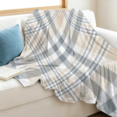 Jeté en molleton beige flanelle ultra doux, imprimé carreaux gris à carreaux sans couture