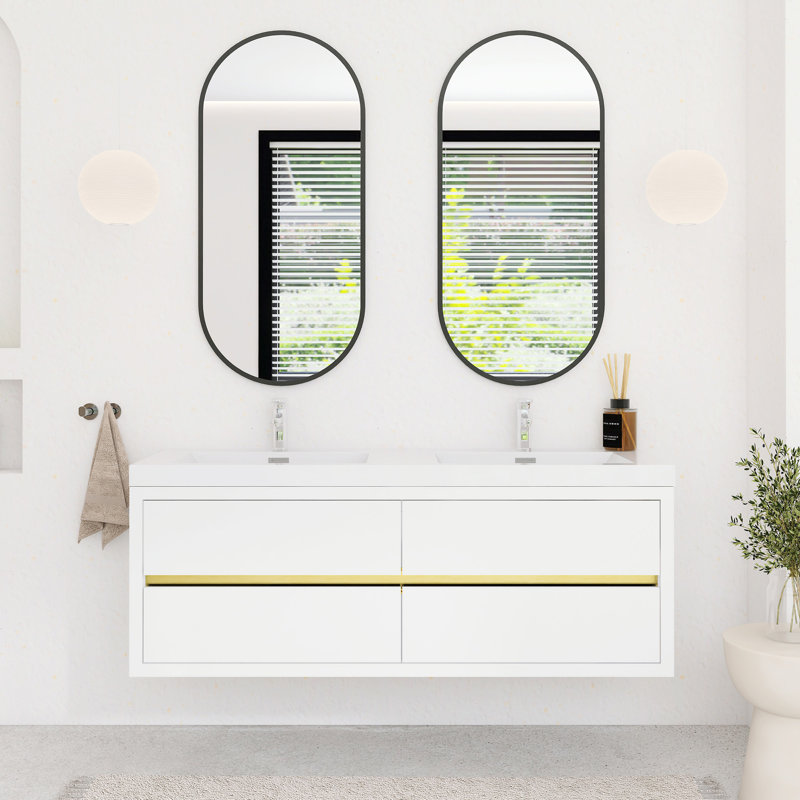 60" Modern Wall-Mounted Bathroom Vanity Set, With Double Integral Stone Resin Sinks, Glossy White, 60"