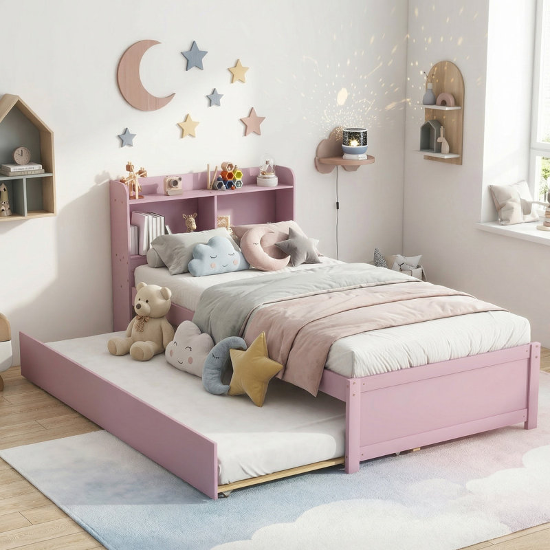 Sailvan Twin Bed with Trundle,Bookcase, Pink