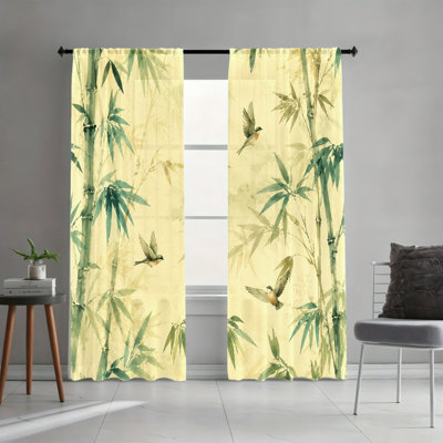2PCS Vintage Yellow Tone Artistic Bamboo Bird Light Filtering Rod Pocket Curtains, Peaceful Oriental Nature Scene Print Window Drapes, All Season Calming Home Decor for Living Room, Bedroom, Study, Retro Plant Bird Window Coverings