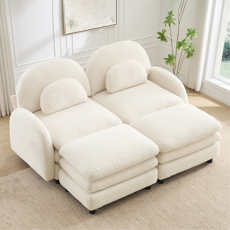 Canapé Teddy 2 places en tissu, dossier incurvé et accoudoirs avec coussins lombaires incurvés, canapé modulaire 2 places avec 2 repose-pieds mobiles et coussin de soutien