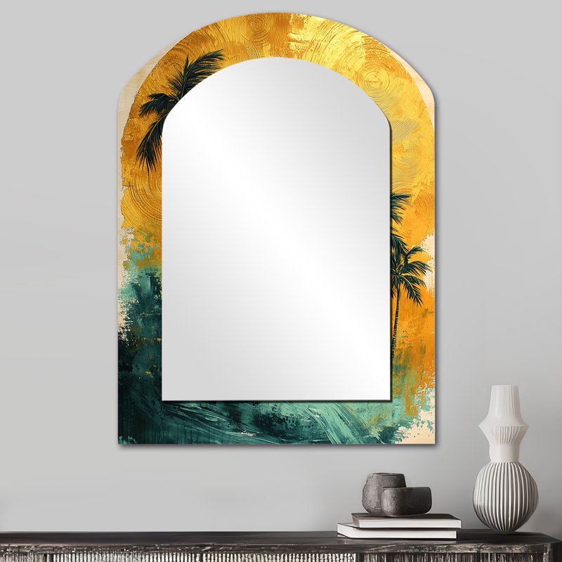Emerald Palm Trees On Golden Tropical Sunrise I - Green Tropical Arch Wall Mirror, 34" x 25"