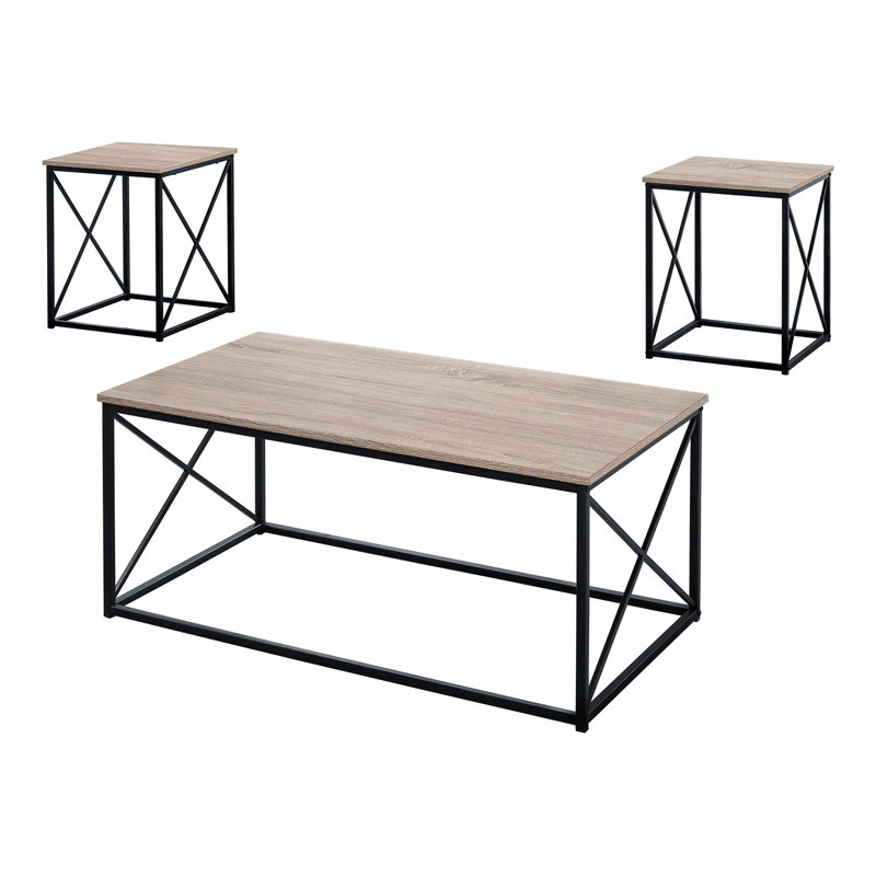Ensemble de table de salon 3 pièces - Structure en métal noir, table basse et 2 tables de bout