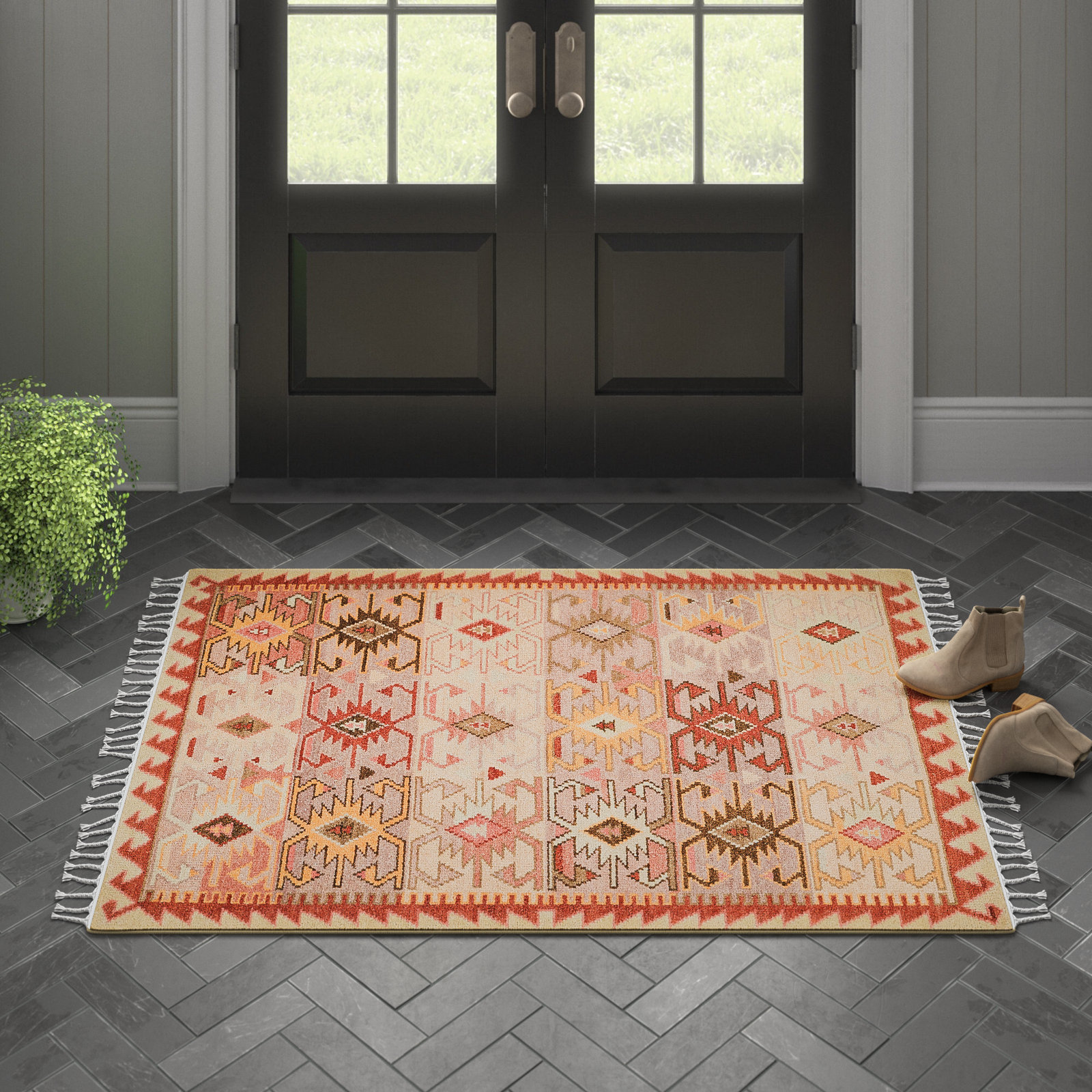 Beige Red Yellow Hand-Knotted Wool Rug, Rectangle 3'6" x 5'6"