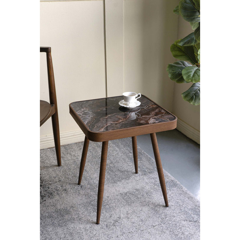 Table de bout carrée 17,3 x 17,3 x 18 po avec plateau en verre, motif marbré