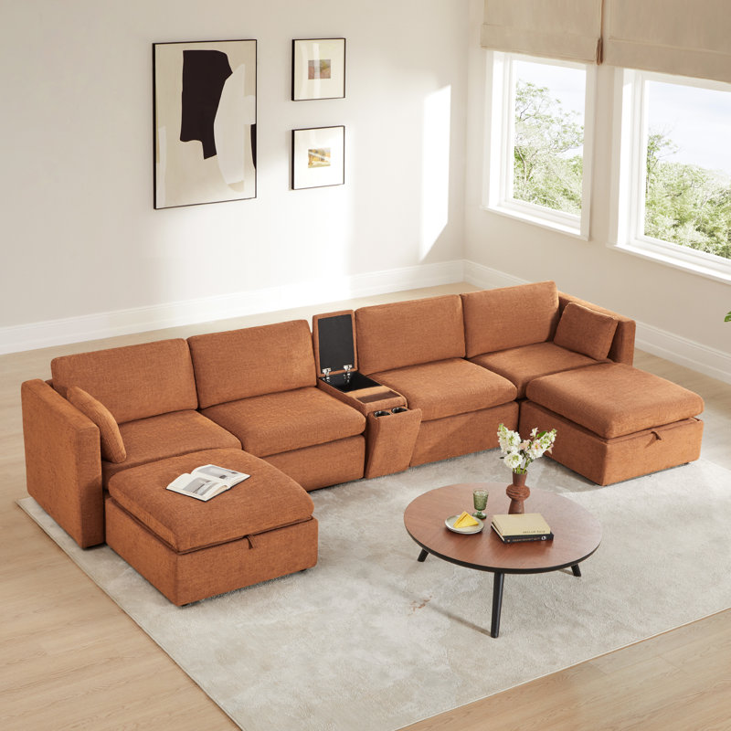 Winfree 6- Piece Upholstered Sectional With Console, Terracotta Polyester