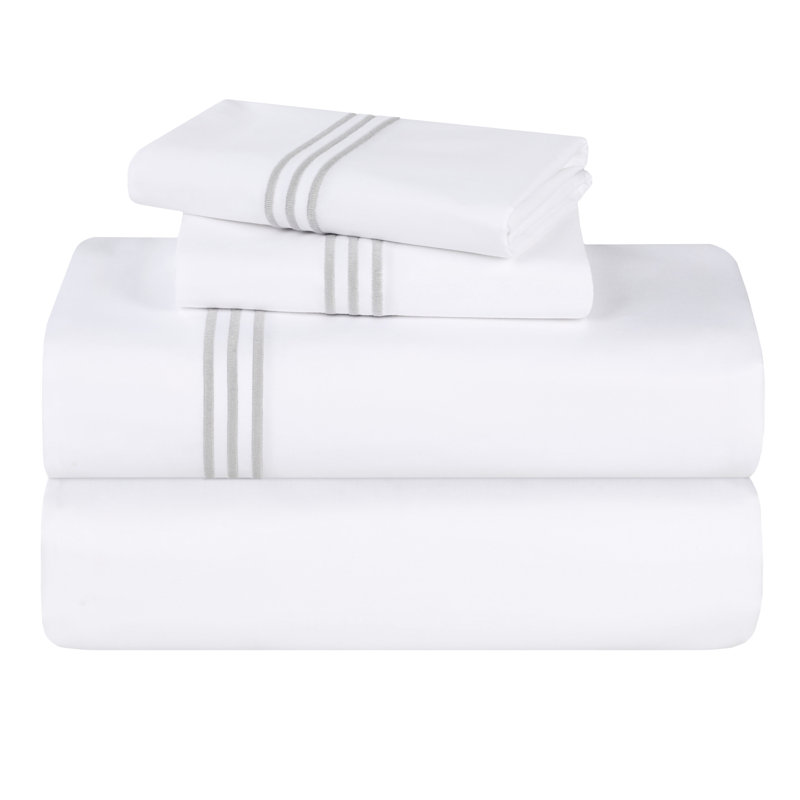 Brandon Cotton Three-Line Embroidered Deep Pocket Bed Sheet Set by Superior, Twin Sheet Set with 1 Pillowcase, White/Silver