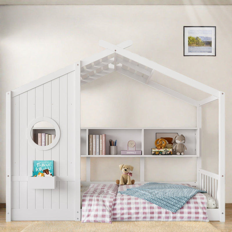 Lit sur pied avec tablettes de rangement, Simple, Blanc