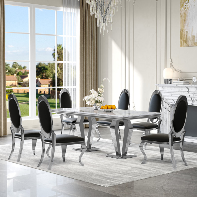 7-Piece Dining Table Set, Marble Veneer Mdf Dining Table, With 6 Faux Leather Dining Chairs, White/Silver/Black