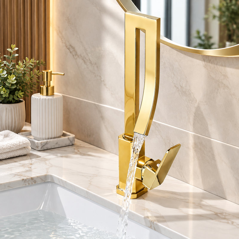 Modern Gold Single Hole Bathroom Sink Faucet Hollow Rectangular High Arc Spout Single Handle Vanity Faucet with 15.7inch Supply Lines