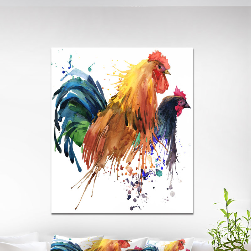 «Chicken and Rooster», reproduction de peinture à l'aquarelle sur toile tendue, H 40 po x l 30 po x P 1,5 po