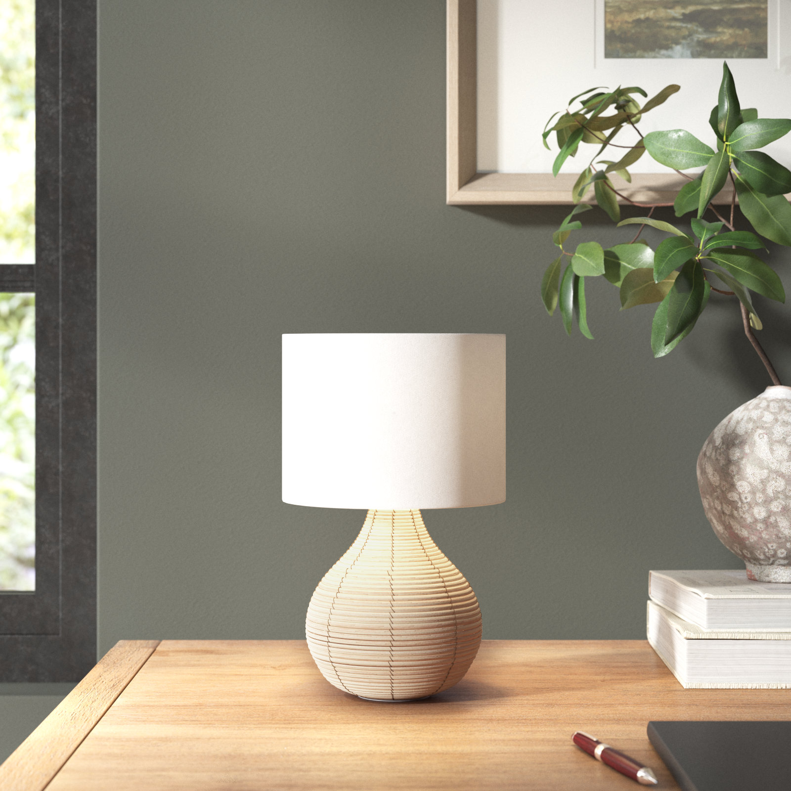 Jaylee Woven Cane Rattan Teardrop Mini Table Lamp in Whitewash