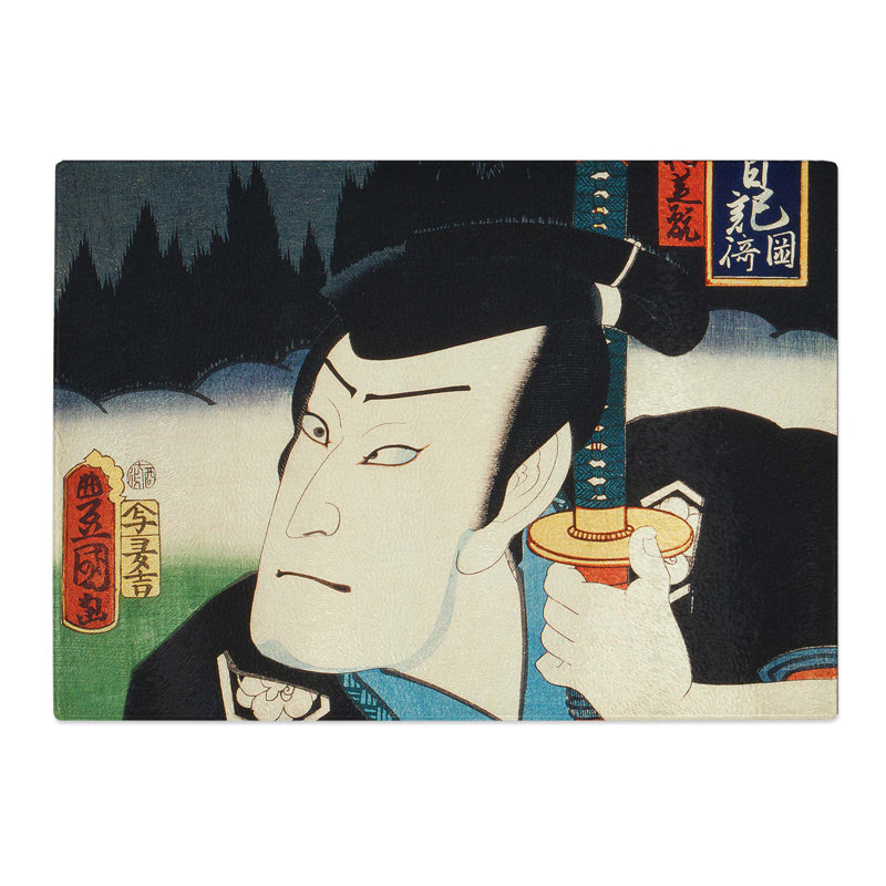 Tempered Glass Man Holding a Samurai Sword by Toyohara Kunichika Chopping Board, 39 cm x 28.5 cm