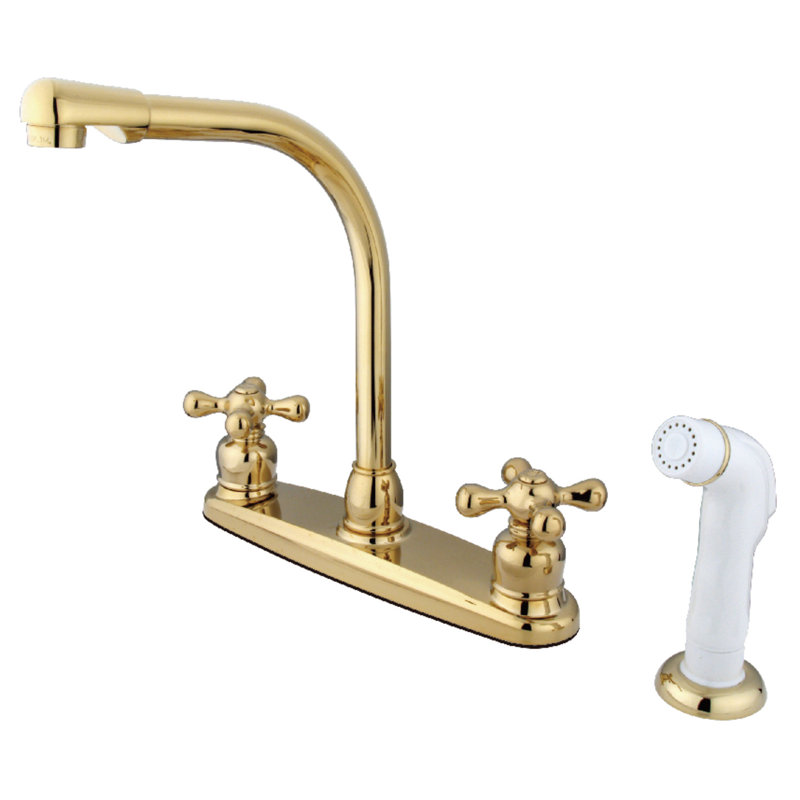 Kingston Brass Victorian Two-Handle 4-Hole 8" Centerset Kitchen Faucet with Side Sprayer, Polished Brass