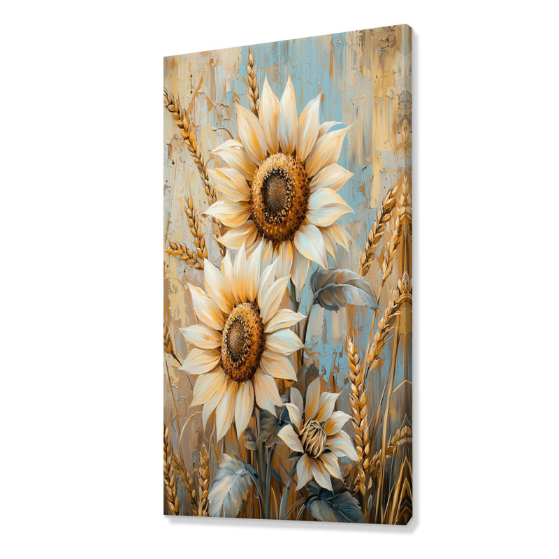 «Domonike Sunflowers In The Wheat Barnyard I» - Art mural tournesols, H 60 po x l 28 po, Toile tendue, Ne s’applique pas