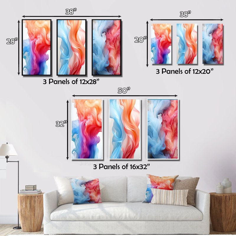 Liquid Ink Composition In Blue And Red - Minimalism Art Set Of 3 Pieces, Toile tendue, H 20 po x l 36 po