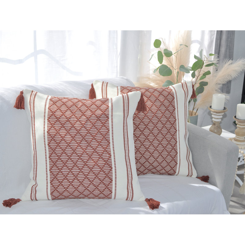 Woven Pillow Covers With Tassels, Geometric Pattern Pillowcases For Outdoor / Indoor (Set of 2), 18" x 18", Rust Brown