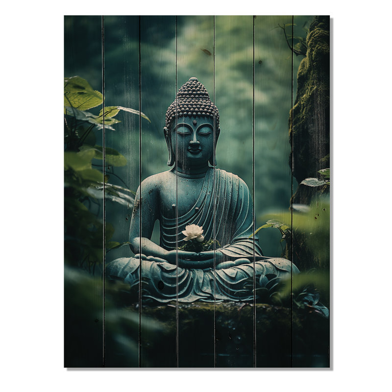Bouddha sarcelle, sérénité I sur bois, H 40 po x l 30 po x P 0,78 po