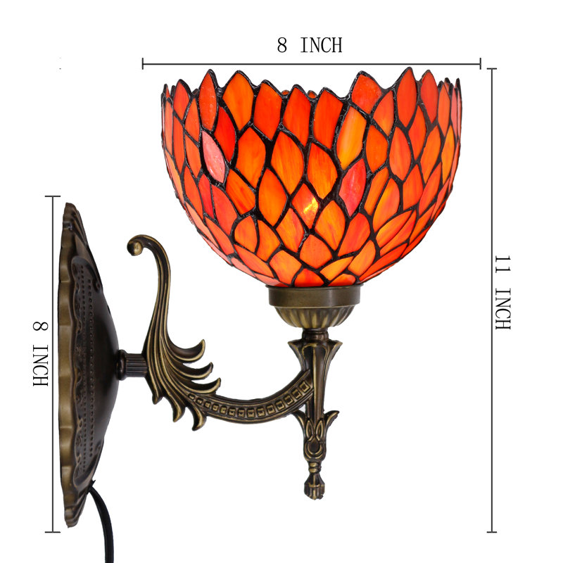 Tiffany Wall Sconce Lamp Plug in or Hardwire Wall Light with 8 Inch Stained Glass Red Wisteria Lampshade 8X10.5X11 Inch, Base Finished Antique Bronze, 6ft Cord with On/Off Switch