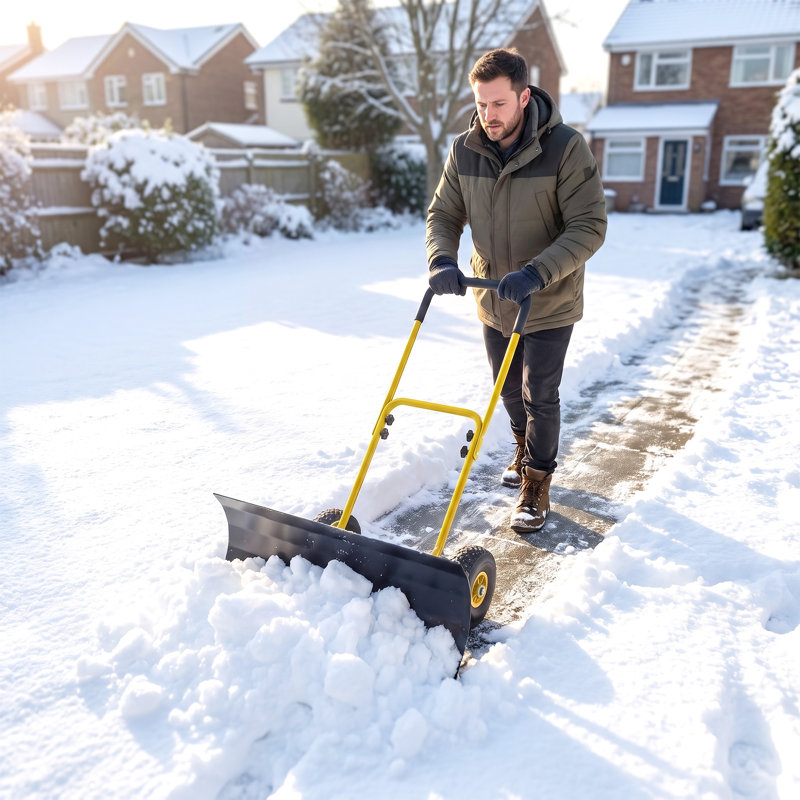 Pelle à neige avec roues, poussoir à neige en métal robuste 29 po x 16,5 po avec poignée réglable à 5 niveaux, lame à 5 angles et poignée antidérapante, pour entrée, trottoirs, jardin, terrasse, jaune