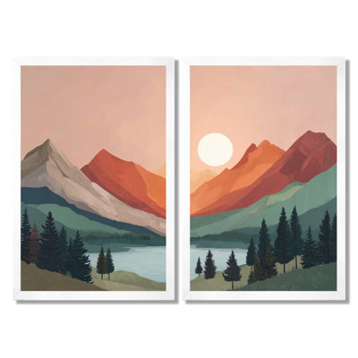 «Rose and Blue Summer Mountain and Lake Scenery - Lake, art sur toile, art mural paysage rose 2 pièces