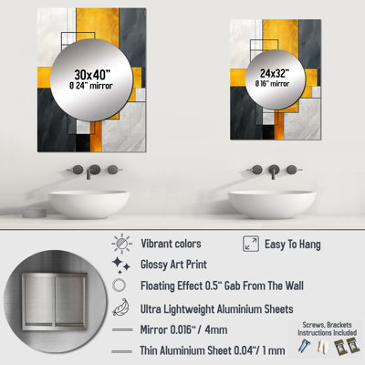 Alik Yellow and Grey geometric fusion 4 - Geometric Large Wall Mirror, Yellow Unique Mirror, Printed Metal Art