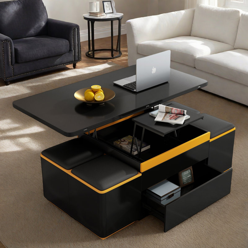 Table basse relevable avec 4 tabourets de rangement, plateau pliable et deux tiroirs cachés, Noir