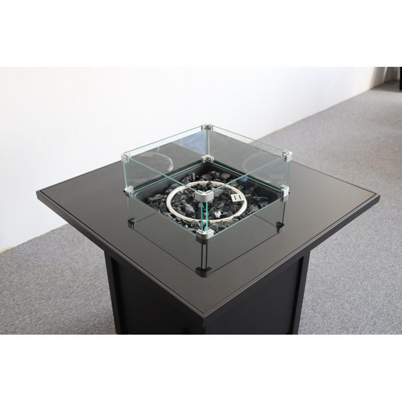 30" Black Powder-Coated Metal Fire Pit with Smoked Glass Top