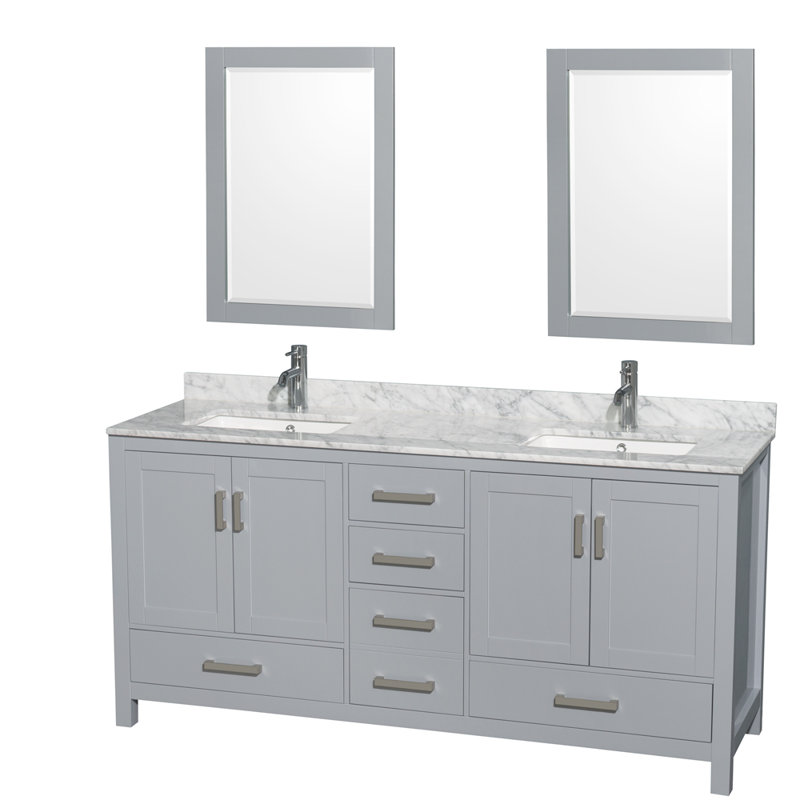 Sheffield 72" Freestanding Double Bathroom Vanity with Marble Top with 24" Mirrors, Gray