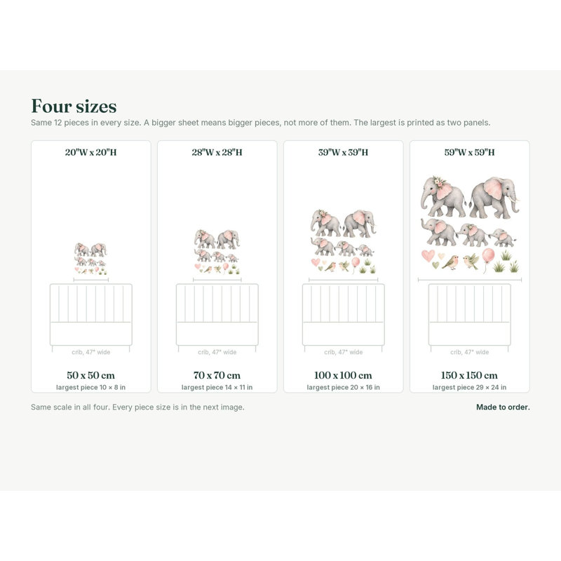 Elephant Family Wall Decals, Set of 12 Peel and Stick Nursery Wall Stickers, Satin Finish Removable Kids Room Wall Art, 20"W x 20"H (50 x 50 cm)