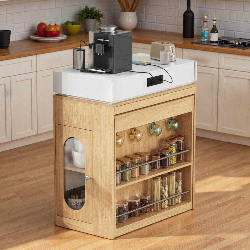 Kitchen Island With Extendable Dining Table, Drawers, Power Outlet, Wheels And Hooks, Natural