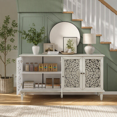 60" Antique Buffet Cabinet TV Stand with Floral Carvings, Solid Wood Legs, Antique Brass Handles, Adjustable Shelves for 65''+ TV, Living Room, Dining Room