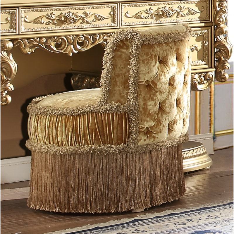 Metallic Gold Hand Carved Vanity Stool with Tufted Back