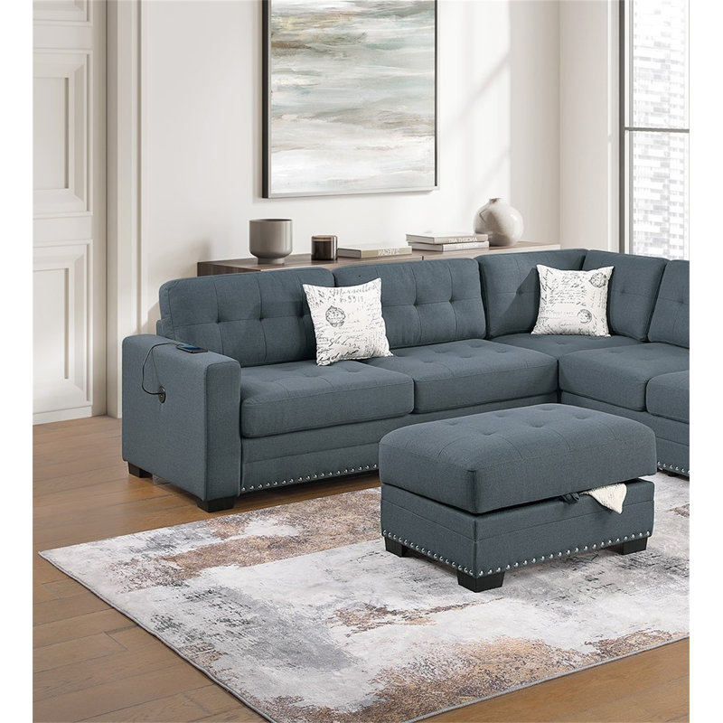 Ensemble de salon modulaire en forme de L avec repose-pieds et canapé capitonné 3 pièces, Tissu gris foncé