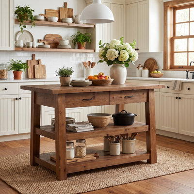 Îlot de cuisine en bois massif 55 po avec 2 tiroirs et tablettes de rangement