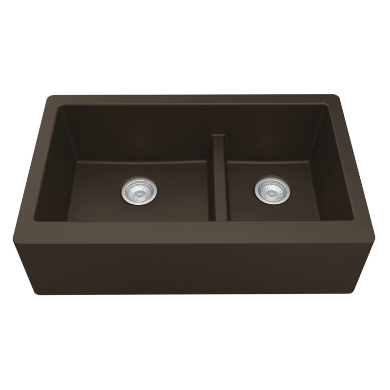 Karran Quartz 34'' X 21-1/4'' 60/40 Double Bowl Farmhouse/Apron Front Kitchen Sink Kit, Brown