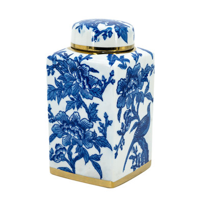 Maxon Lidded Jar, Bird-Floral Motifs, Golden Rim, Blue-White Porcelain 11 Inch