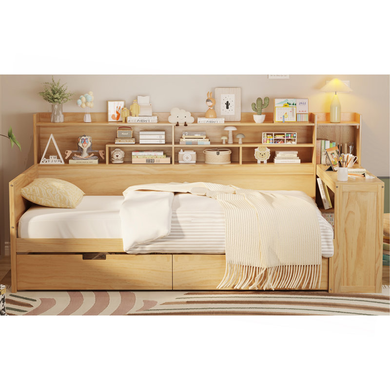Lit de jour en bois avec tablettes de rangement, lit multifonctionnel, Naturel, Lit simple
