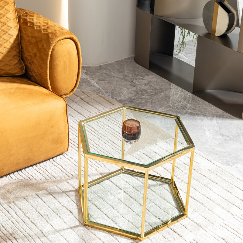 Table basse en acier inoxydable doré avec verre trempé, conception moderne et fonctionnelle en acier de chevet, verre double couche