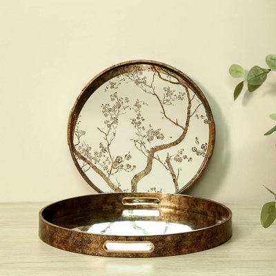 Kujawa 2 piece Decoration Tray for Living Room Decor, Antique Gold Plastic Mirror Round Serving Tray