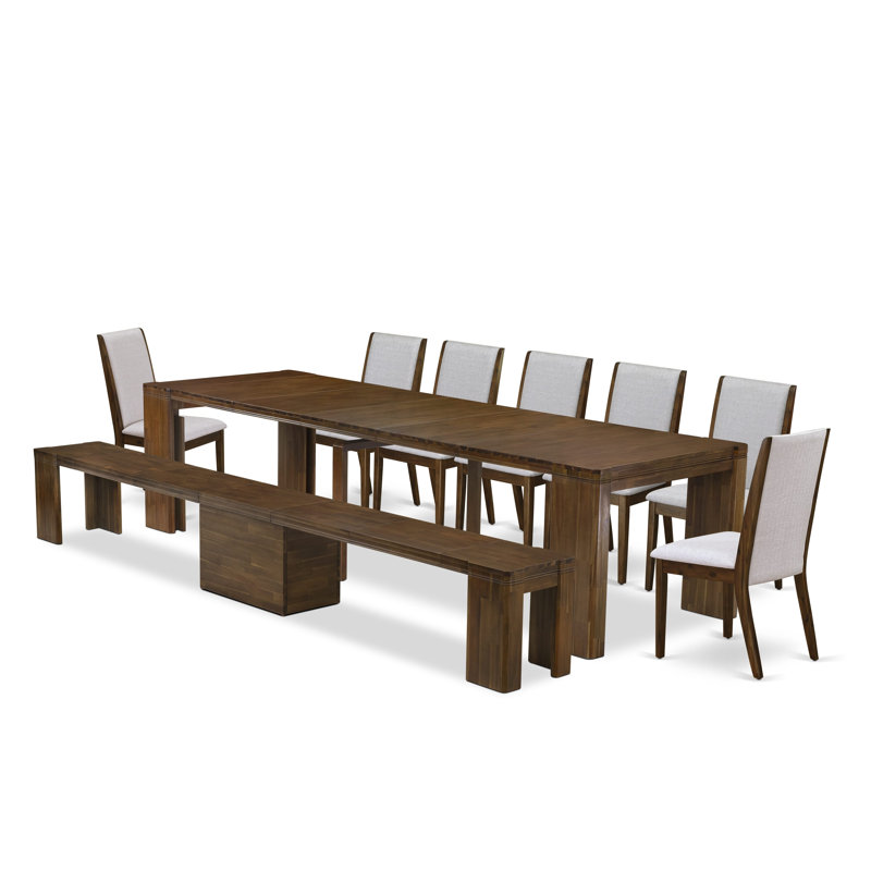 Ensemble de cuisine 9 pièces comprenant une table de cuisine rectangulaire extensible, 7 chaises de salle à manger et 1 banc moderne, noyer antique