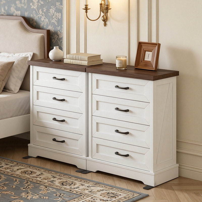Ensemble de chambre à coucher 3 pièces, commode 5 tiroirs et table de chevet 4 tiroirs
