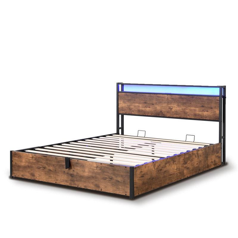 Full Size Lift-Up Storage Bed Frame - Featuring Bookcase Headboard, Led Lights, Charging Station, No Box Spring Needed, Queen