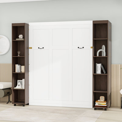 Grand lit escamotable en bois avec tablettes de rangement
