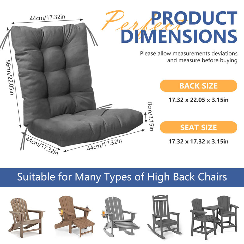 Indoor Outdoor Chair Cushion Garden High Back Chair Cushions Lounger Chair Pad For Recliner Patio Chair, Gray